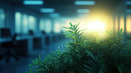 Fototapeta premium Green Leaves Against Bright Morning Light In Modern Office Environment With Blur Background Full Of Desks And Computers