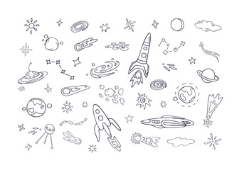 Space for kids, trendy fun sketches. Set of black and white outline design elements for coloring etc