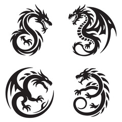 Vector Black silhouettes. illustration, set of round tribal dragon tattoo designs, with white background
