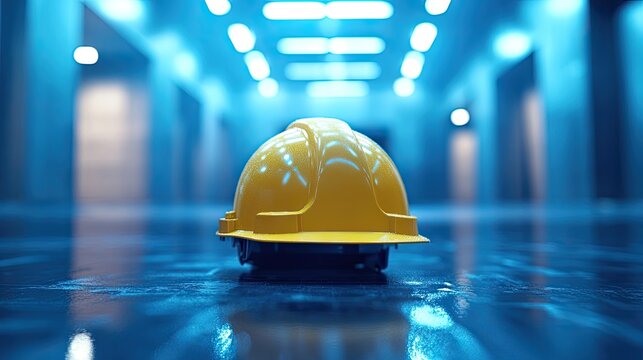 Bright yellow hard hat rests on a polished blue floor.