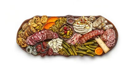 Fototapeta premium Top view of charparterie board with cured beef, crackers, pickles, and cheese.