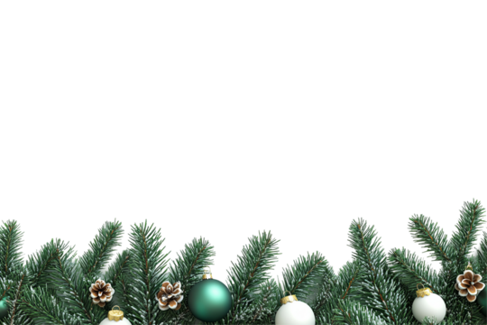 Evergreen boughs and ornaments frame black space. Festive backdrop with pine cones and glass baubles. Holiday greeting card