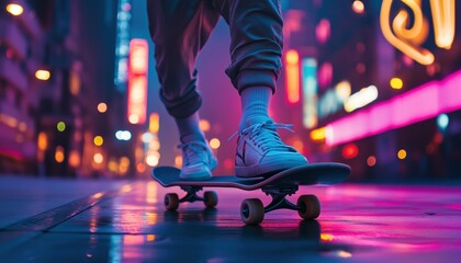 Unrecognizable Man Skateboarding On Urban Boardwalk In Sporty Shoes, Practicing Tricks With Active Skater Legs In City Street.