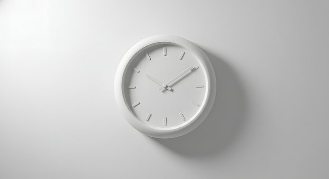 A minimalist white clock hangs on a white wall with a simple design and clear time telling features