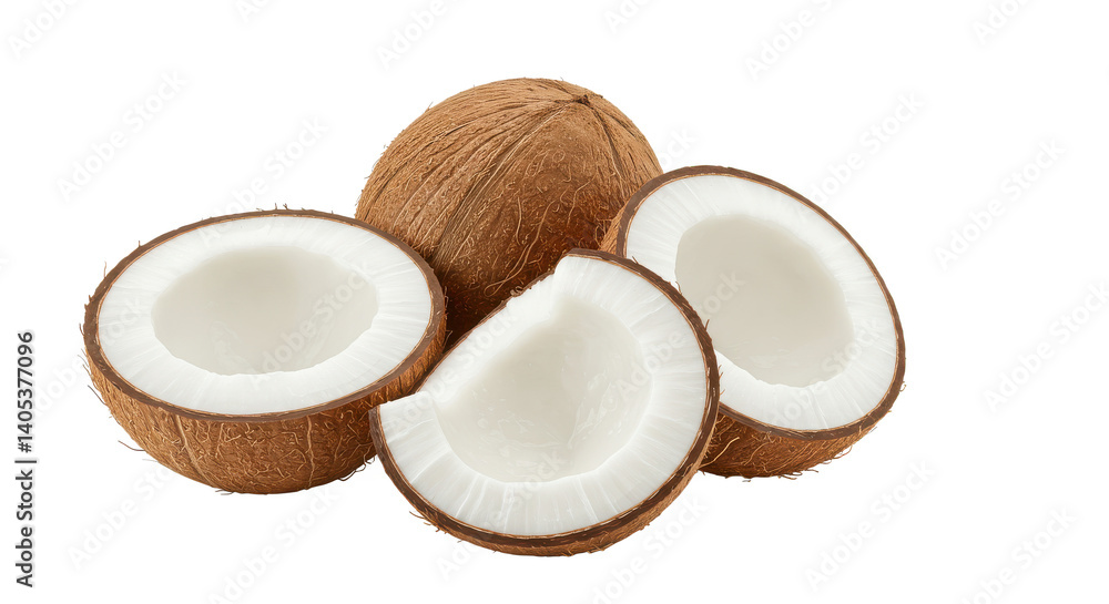 Poster a group of coconuts with one whole and two halves displayed against a black background space around 
