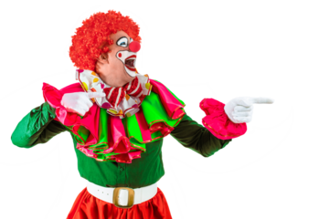 Funny clown pointing at blank template copy spase for advertising, posters, greetings, invitations. Entertainer as Joker in a suit and wig, with clown whiteface makeup.