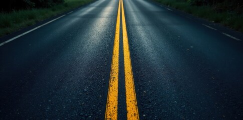 Dark asphalt highway with yellow lines, faded road markings , traffic, background