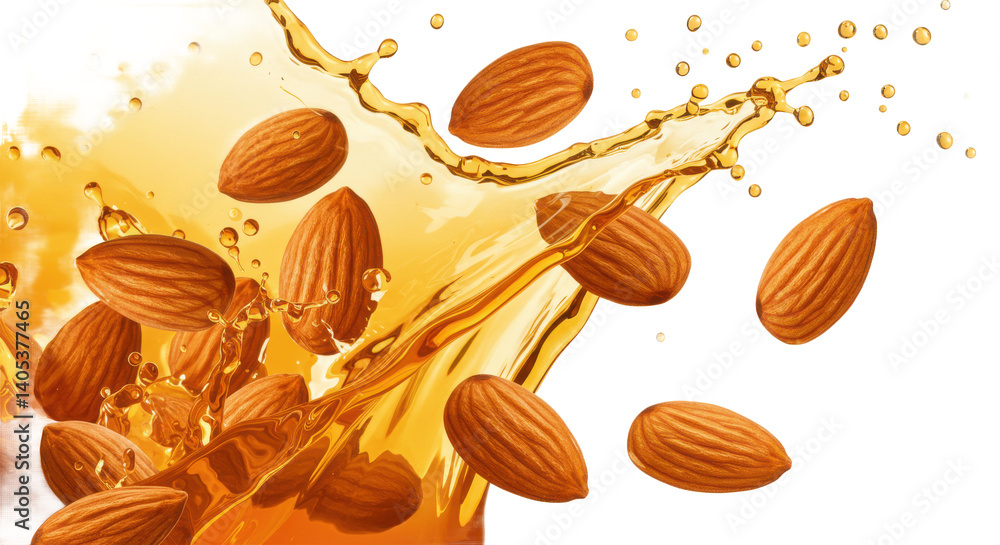 Poster almonds falling into splashing oil creating a dynamic and visually appealing food photography scene