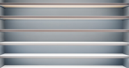 Fototapeta premium A shelf with white shelves and a blue background. There are no items on the shelf