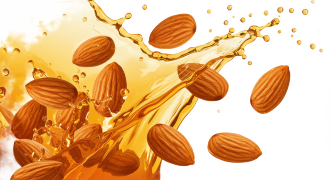 Almonds falling into splashing oil creating a dynamic and visually appealing food photography scene