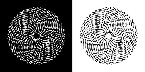 Abstract background with line pattern forming circle. Spiral art design as logo or icon. Black lines on white background and same white lines on black side. Mandala with line pattern.