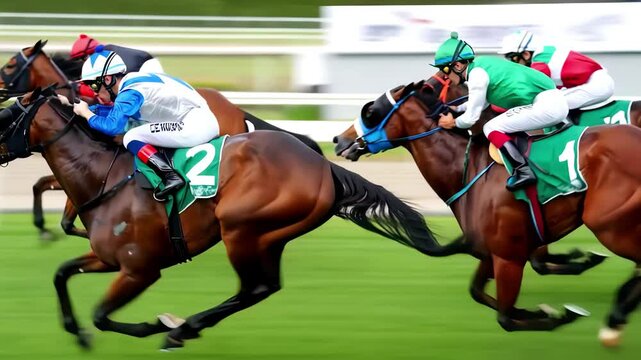 Competitive horse race action: Jockeys run at high speed on track in equestrian sport competition. Racehorse power, betting thrill concept. 4K Video Footage.