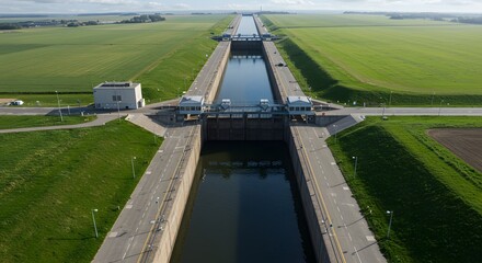 Canal Lock and Green Fields Aerial View