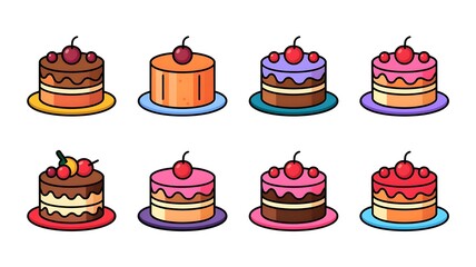Colorful Birthday Cakes Collection on Blue Background – Flat Design Illustration