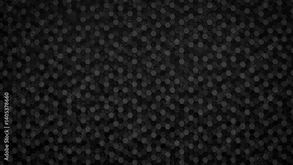 Fototapete A black  abstract texture background with a lot of small black hexagons. The hexagons are arranged in a pattern and the background is completely black