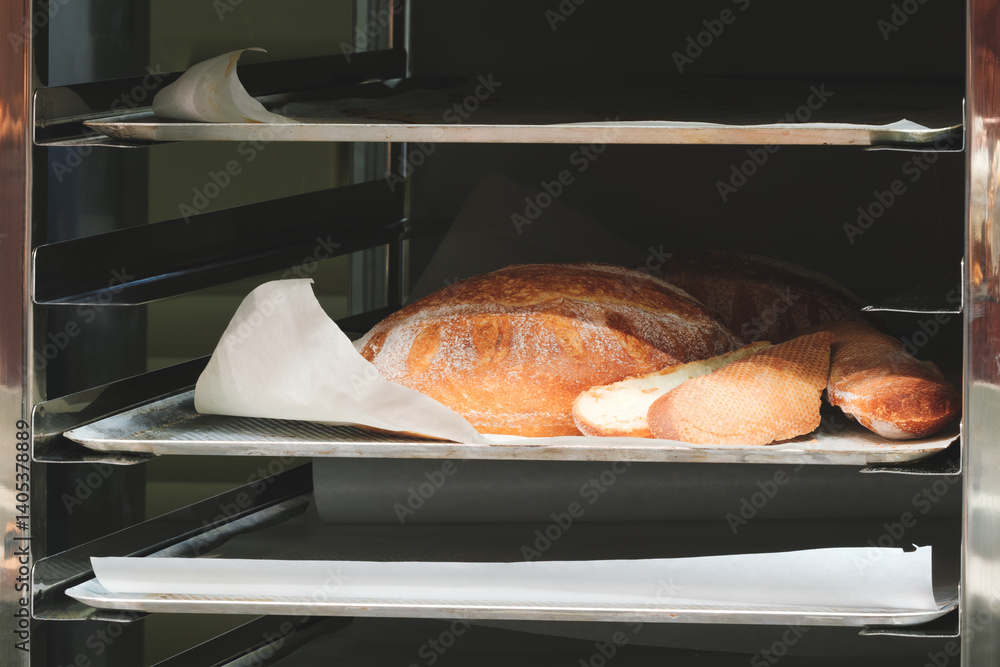 Aufkleber a tray of bread on a tray in a bakery. bread on a paper towel. there are two loaves of bread.