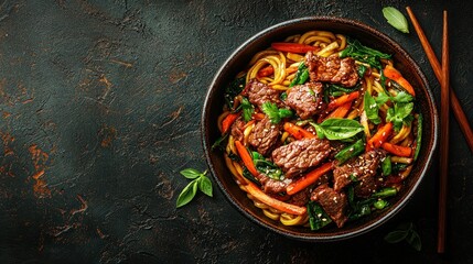 Beef stir-fry with noodles, carrots, and spinach