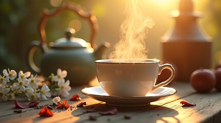 Tea time with vintage porcelain and morning sunlight