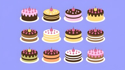 Colorful Birthday Cakes Collection on Blue Background – Flat Design Illustration