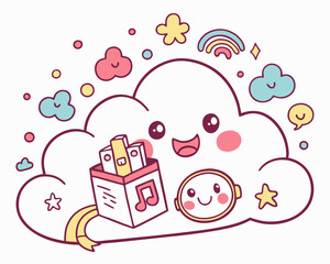Fototapeta premium Cute cloud character with music box in a playful style 