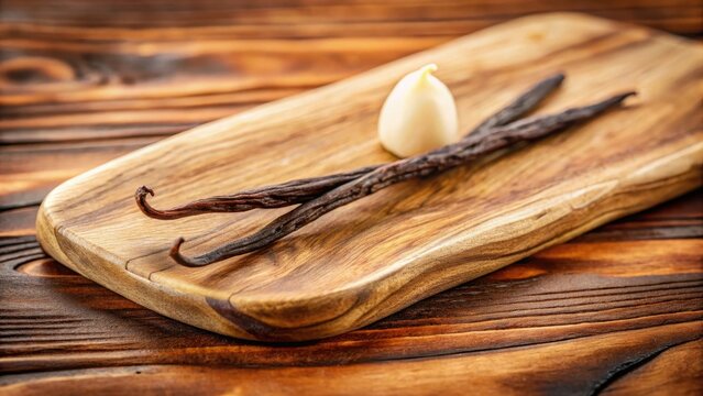 A single vanilla pod lies on a rustic olive wood board, its creamy white skin delicately exposed against the warm, honey-toned surface , presentation, open vanillapod