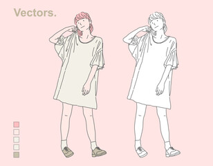 Vector illustration of a young woman in a casual, oversized t-shirt dress. It shows the figure in both a colored version and a black and white outline.
