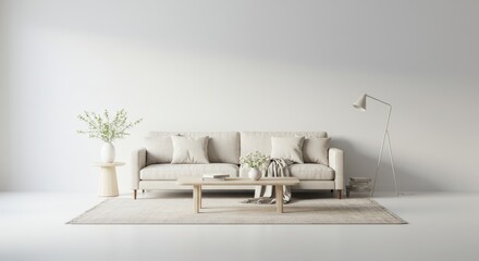Serene living room ambiance in neutral tones against a pristine white background