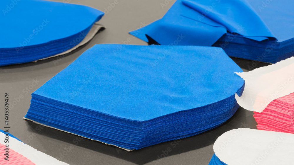 Poster a stack of blue and red pieces of cloth are stacked on top of each other