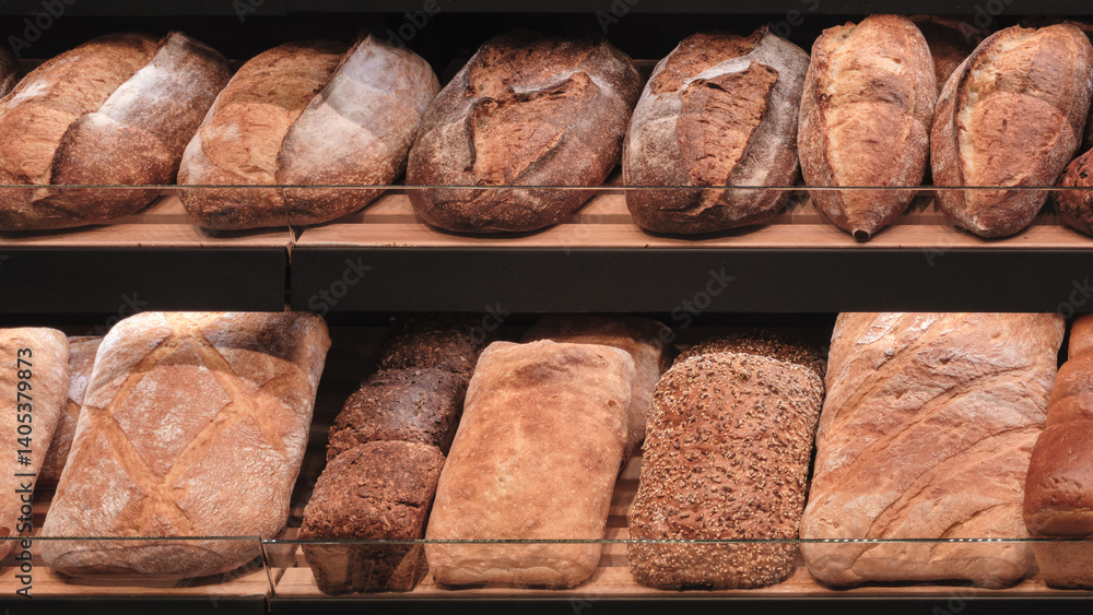 Poster Breads on the shelf in the market or bakery.  bakery with many different types of bread on display. bread is arranged in rows and there are many different types of bread to choose from..