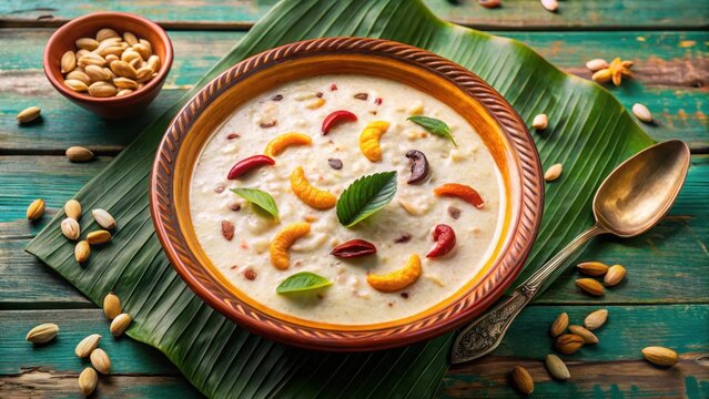 Palada payasam on a colorful plate with garnishes of coconut flakes and cardamom powder