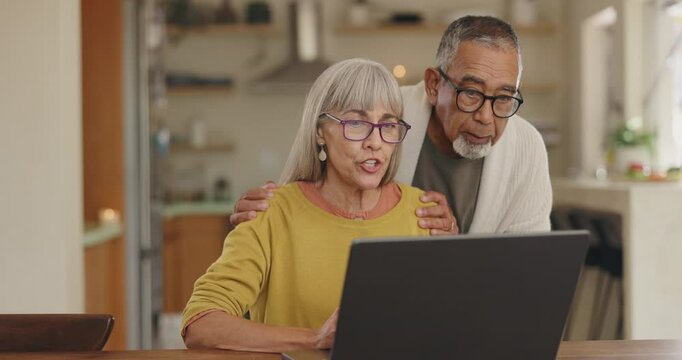 Senior couple, laptop and budget discussion with retirement, funeral and digital investment planning. Relax, conversation and password check for online banking and reading together on a website