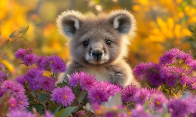 Cute Baby Koala Sitting Among Purple Flowers in Warm Sunlight