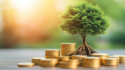 Growth of financial success represented by tree and coins in business concept