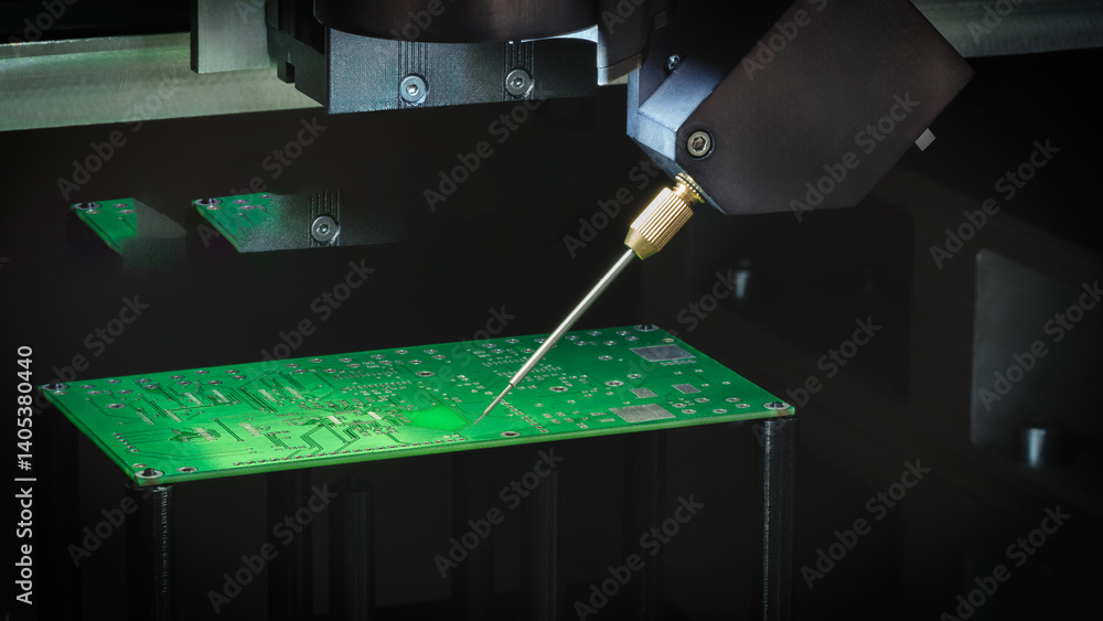 Poster electronic microcircuit component is made by machine. green light is on the machine.