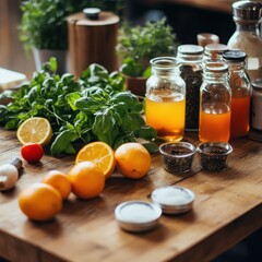 Fresh ingredients on a wooden table