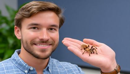 Obraz premium Smiling man gently holding a small tarantula on his open palm. Generative AI