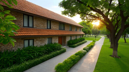 Fototapeta premium Stone house with orange roof, lush green landscaping, and a paved pathway at sunset. Generative AI