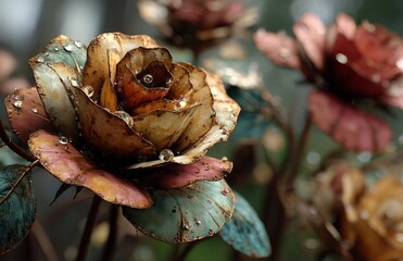 Rusty Metal Roses with Water Droplets, Unique Artistic Sculpture