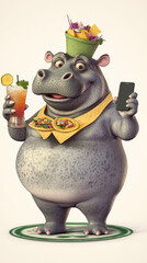 Naklejka premium Hippo With Tacos, Drink and Phone. A cheerful hippo enjoys a cocktail, tacos, and holds a phone, likely ready to order more food. The hippo is wearing a festive necklace and a hat filled with snacks