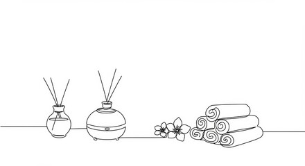 Elegant spa room minimalist line drawing showcasing essential oils and towels
