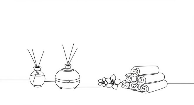 Elegant spa room minimalist line drawing showcasing essential oils and towels