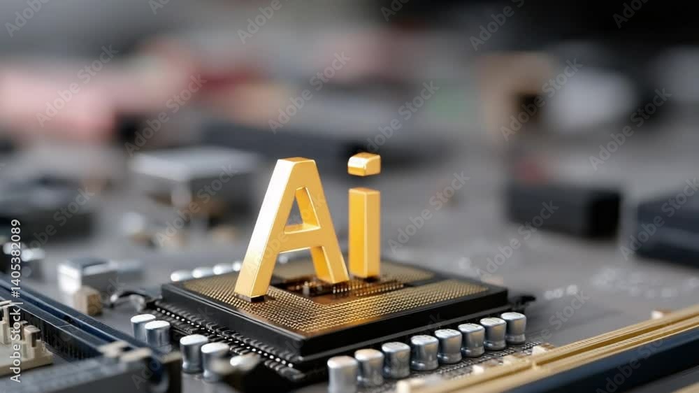 Poster ai technology: a macro shot highlights the intricate details of a computer chip, with 