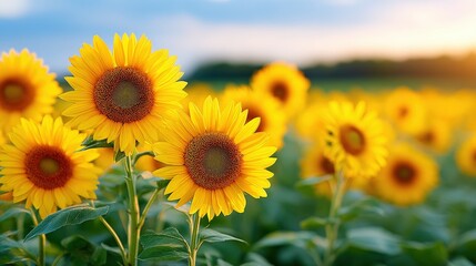 Obraz premium A vibrant field of sunflowers basking in the sunlight, showcasing their bright yellow petals and green leaves against a serene backdrop.