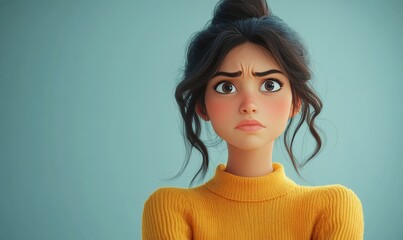 A young woman with a distressed expression, wearing a yellow sweater against a light-blue background.
