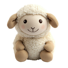 Soft plush sheep toy with friendly expression designed for children, isolated on transparent background, cutout png