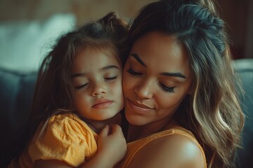 A tender moment of love and affection between mother and daughter, captured in a heartfelt embrace. The warmth of their bond radiates, highlighting the beauty of family.