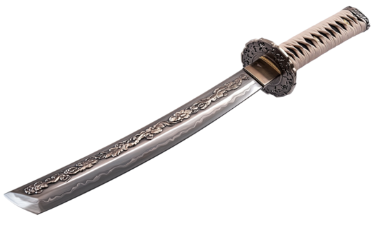 A gleaming, ornate short sword with an intricate silver-toned blade and detailed handle, shown against a transparent background