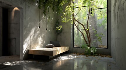 Modern concrete interior with natural light and greenery