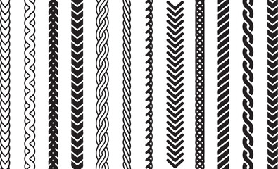 Decorative vertical borders vector set seamless black line dividers with chevron, rope, braid, chain and zigzag pattern designs