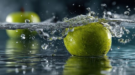 green apple falling into crystal clear water, slow motion splash